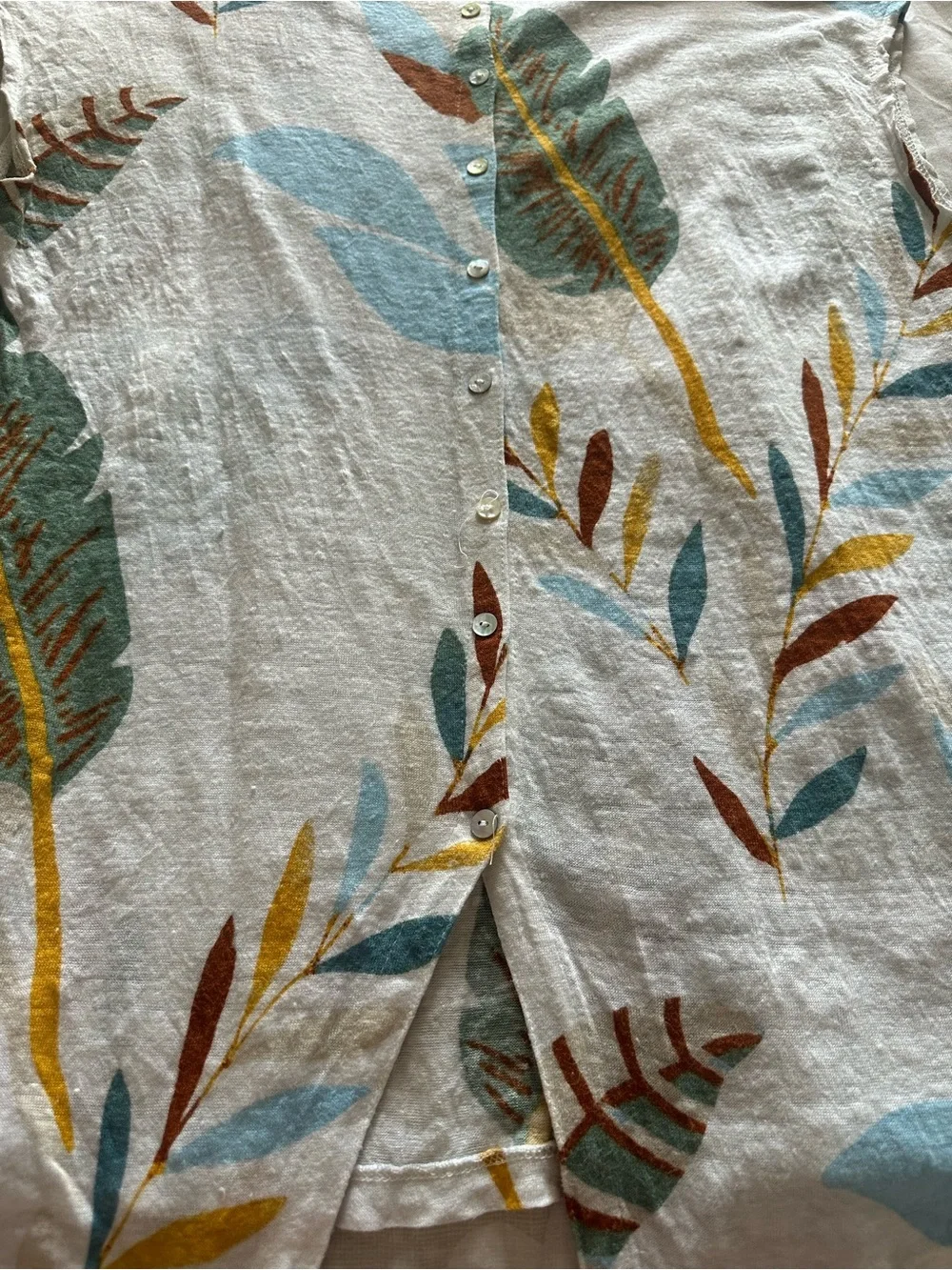 Cynthia Rowley White Tee with Teal, Rust & Mustard Leaf Print